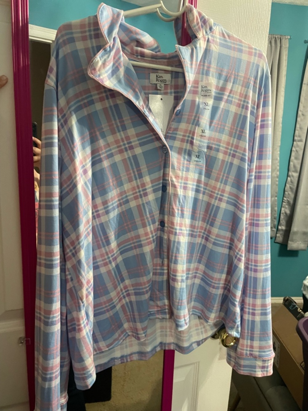 Kim Rogers Blue Pink Plaid Button-Up Pajama set